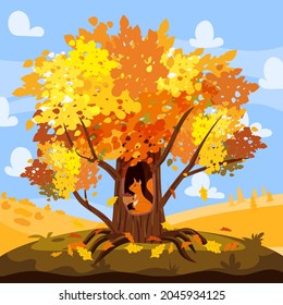 Autumn treee oak with cute squirrell, acorn in hollow. Fall landscape yellow orange leaves, mood. Vector illustration cartoon style