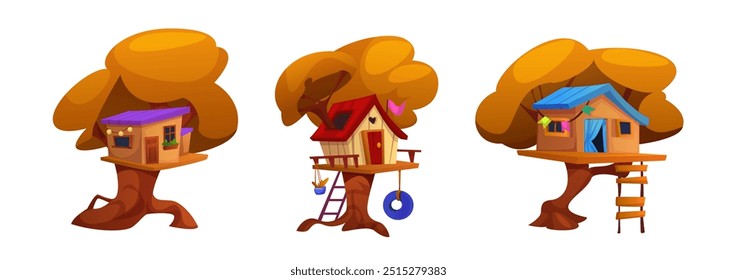 Autumn treehouses set isolated on white background. Vector cartoon illustration of cute wooden houses with door, window, roof and ladder on yellow tree for kids fun, backyard design element, dwarf hut