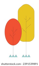 Autumn trees 2D linear cartoon object. Forest, city park, garden. Fall trees isolated line vector element white background. September season. October landscape color flat spot illustration