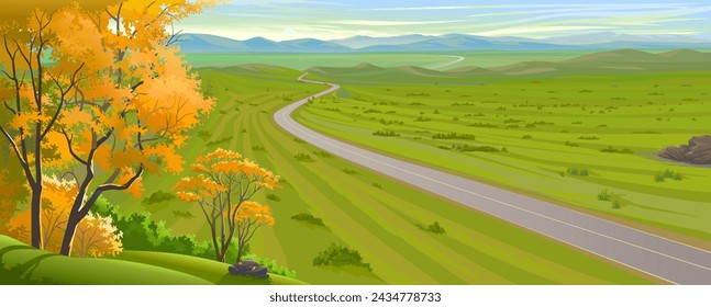 Autumn Trees amidst Verdant Meadows, Overlooking Majestic Mountains on the Distant Horizon, and Distant Serpentine Roadway.