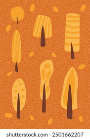 Herbstbäume, Hintergrund. Vorlage für Banner von Herbstkleidung mit roten Blättern. Flache Vektorgrafik, handgezeichnet.