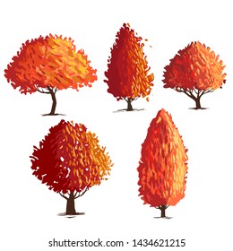 Autumn trees and bushes forest set on white background 