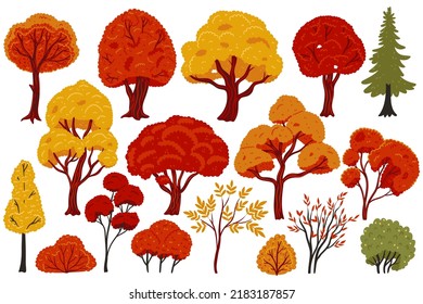 Autumn trees and bushes isolated on white background. Vector graphics.