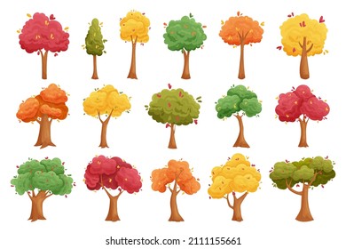 Autumn trees. Cartoon forest vegetation, garden and park season yellow and red trees. Vector isolated set