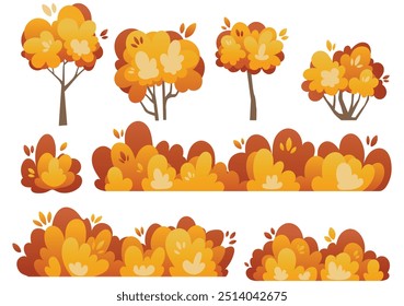 Autumn trees. Cartoon yellow orange fall tree and autumnal garden, grass, landscape, vector