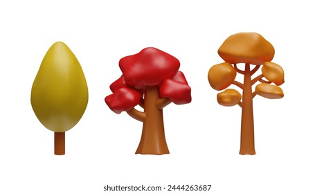 Autumn trees collection 3D realistic vector illustrations set. Render orange and red cypress, oak, linden or maple forest plant. Flora game asset, nature volume toys, design element plasticine texture