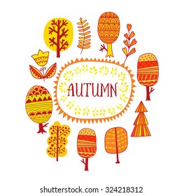 Autumn trees design, frame illustration, seasonal decor. Autumnal trees forest  placed around circle frame on white background.