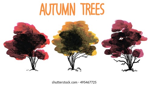 
Autumn trees. Drawing by hand with ink spots. Children, cute pattern. Red, orange, yellow leaves.