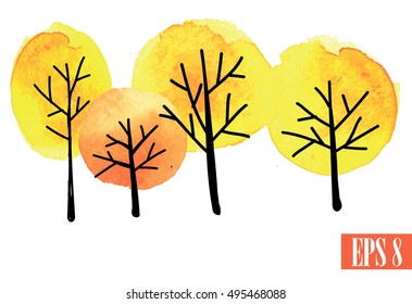 
Autumn trees. Drawing by hand with ink spots. Children, cute pattern. Red, orange, yellow leaves.