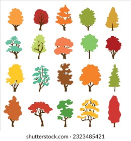 Árboles otoñales dibujados en vectores, íconos de árboles, árboles en colores otoñales rojo, amarillo y naranja, conjunto de árboles vectoriales otoñales