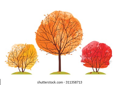 Autumn Trees. Fall Of The Leaves. Autumn Trees On An Orange, Red And Yellow  Watercolor Background. Sketch, Design Elements. Vector Illustration.