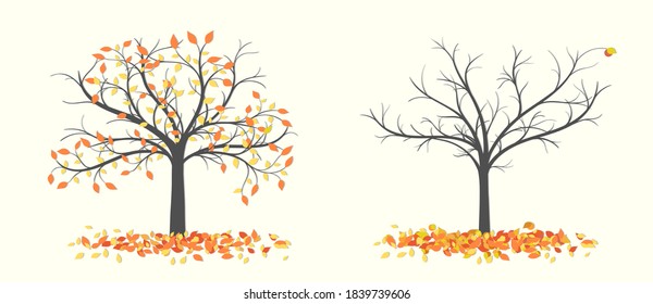 Autumn trees with fallen leaves in two versions  a light background