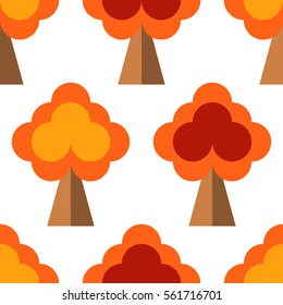 Autumn trees in flat style on the white background. Seamless pattern with autumn deciduous forest/ garden/ park. Vector.