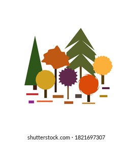 Autumn trees forest background Christmas tree logo icon sign Hand drawn Modern abstract cartoon doodle geometric design style Fashion print clothes apparel greeting card banner poster flyer cover