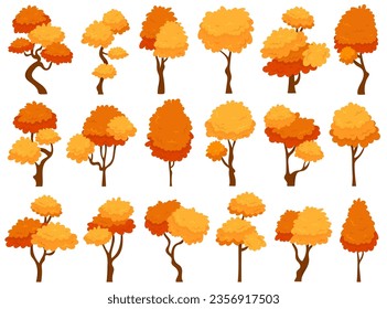 Autumn trees garden or forest vegetation yellow and orange lush crown foliage isolated set on white background. Fall season city park natural environment landscape design element vector illustration