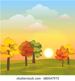 Autumn trees with leaves of red, orange, yellow and green colors. Meadow or valley. Sun and sky at sunset. Vector landscape can be used in newsletter, brochures, postcards, banner.