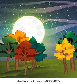 Autumn trees with leaves of red, orange, yellow and green colors on meadow or valley. The night sky with a full round moon, stars, meteorites and clouds. Vector landscape.
