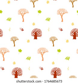 Autumn trees and leaves seamless vector pattern. Hand drawn warm colours simple background.