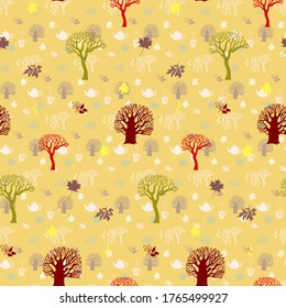 Autumn trees and leaves seamless vector pattern. Hand drawn warm colours simple background.