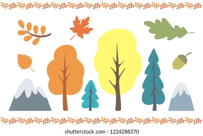 Autumn trees and leaves set. Vector illustrations isolated on a white background.