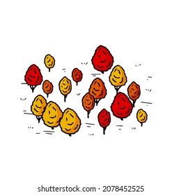 Autumn Trees for map. Doodle Yellow-red forest. Sketch park area. Hand drawn outline illustration