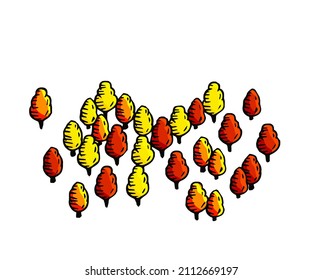 Autumn Trees for map. Doodle Yellow-red forest. Sketch park area. Hand drawn outline illustration
