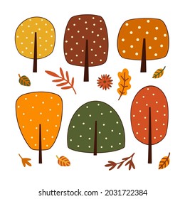Autumn Trees multicolor doodle set. Abstract Forest, Garden plants, Falling Leaves, bush, foliage. Collection of nature vector clipart, cartoon elements for greeting card, postcard, pattern design