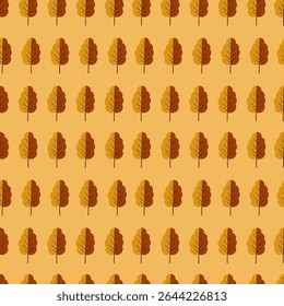 Autumn trees or oak leaves in naive simple style, seamless pattern. On dark yellow, ocher background. Suitable for: wallpaper, cover, textile design, decoration of autumn events and holidays
