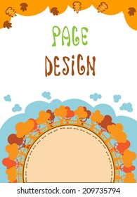 Autumn trees on a hill. Cute stitched hand made frame on white background. Cartoon vector page design. 
