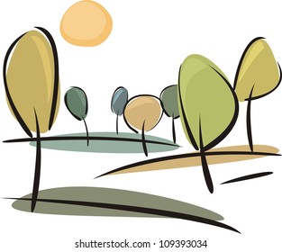 Autumn trees on the hill at sunny day - vector landscape illustration isolated on white background