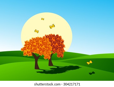 Autumn trees on meadows and butterflies