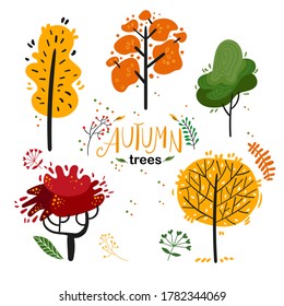 Autumn trees on a white background. Autumn set. Decorative autumn tree element.