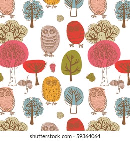 autumn trees and owls seamless pattern