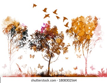 Autumn trees. Park with yellowed trees. Vector illustration