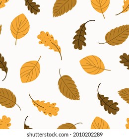 autumn trees pattern. Leaf fall seamless background. Stylized leaves of oak, beech, birch. Versatile design for fabric, digital paper, scrapbooking. Vector hand drawn illustration