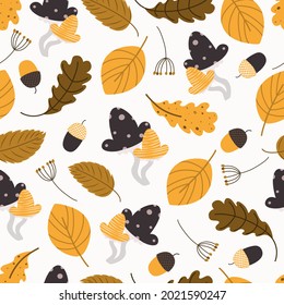 autumn trees pattern. Leaf fall seamless background. Stylized leaves of oak, beech, birches. Ripe mushrooms and acorns. Versatile design for fabric, digital paper, scrapbooking. Vector illustration