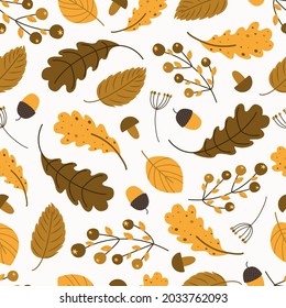 autumn trees pattern. Leaf fall seamless background. Stylized leaves of oak, beech, birches. Cartoon bunches of berries and acorns. Versatile design for fabric, digital paper, scrapbooking. Vector