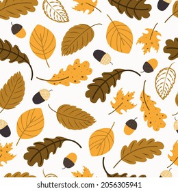 autumn trees pattern. Leaf fall seamless background. Stylized leaves of oak, beech, birches. Versatile design for fabric, digital paper, scrapbooking. Vector hand drawn illustration