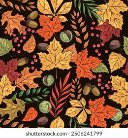 Autumn trees pattern seamless colorful with maple and oak petals near acorns and chestnuts or rowan berries vector illustration