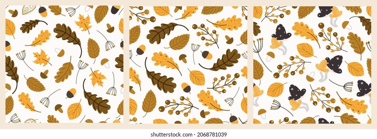 autumn trees pattern set. Leaf fall seamless background. Stylized leaves of oak, beech, birch, maple. Versatile design for fabric, digital paper, scrapbooking. Vector hand drawn illustration