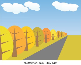 autumn trees and the road stretches to the horizon