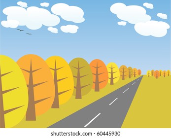 autumn trees and the road stretches to the horizon