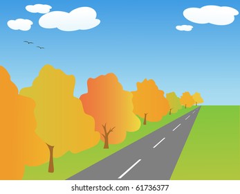 autumn trees and the road stretches to the horizon