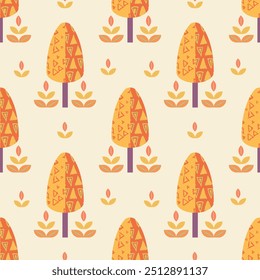 Autumn trees seamless pattern in folk nordic.Beautiful forest leaf surface design texture background .Nature symple style, Scandinavian art illustration.Cute design for print product,season decorate