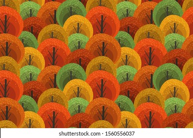 Autumn trees seamless pattern in hand-drawn style. Abstract forest texture, Wallpaper, stylish background. Template for textile, prints or wrapping paper design. Modern fall seasonal decor. Vector.