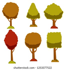 Autumn trees. Set of forest, Park and nature. Plants with orange, red and yellow leaves.cold season of year. top wood of different shape with brown trunk and bushes below. Cartoon flat illustration.