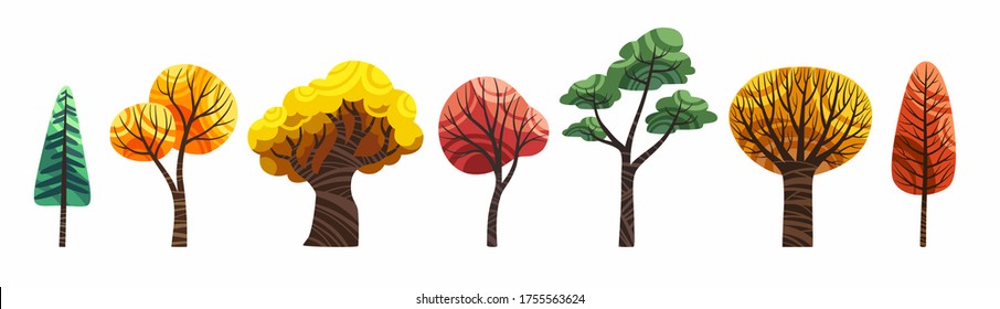 Autumn Trees Set Isolated On White Vector. Old And Young, Big And Small, Deciduous And Coniferous Trees Stock Flat Illustration, Clip Art For Childrens Book.