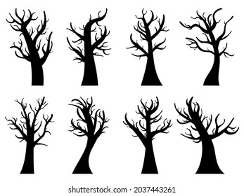 Autumn trees set isolated on white background. Silhouettes of trees without leaves. Bare trees. Design for posters, banners and promotional items. Vector illustration