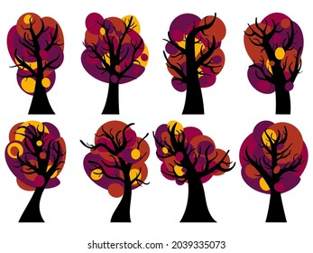 Autumn trees set isolated on white background. Collection of autumn trees, oaks, maples and chestnuts. Design of posters, banners and promotional materials. Vector illustration