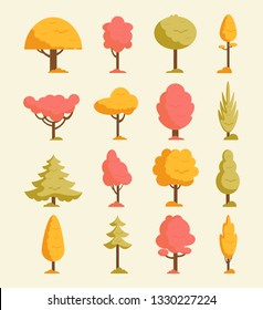 Autumn trees set. Orange fall trees and leaves.Colorful collection of autumn elements. Vector illustration